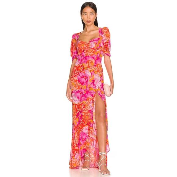 Lovers and Friends Morgan Maxi Dress Blouson Sleeves Chai Floral Print Size XS - Picture 1 of 16